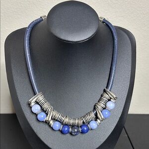 Chico’s Blue Silver Slider Casual Office Necklace Cord Beaded Boho